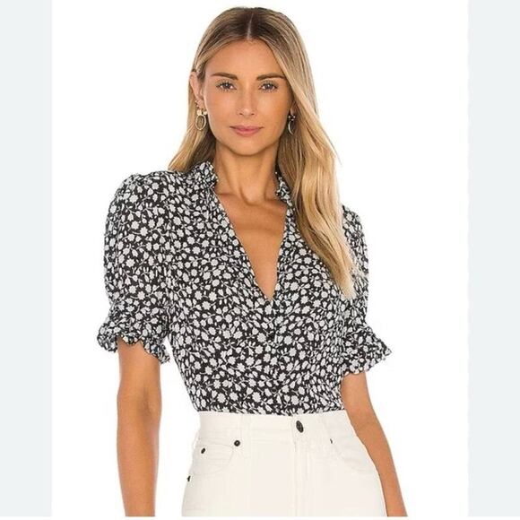 Selkie Tops - Selkie Bistro Blouse Spirit Black White Floral Ruffle Boho Cottagecore Small